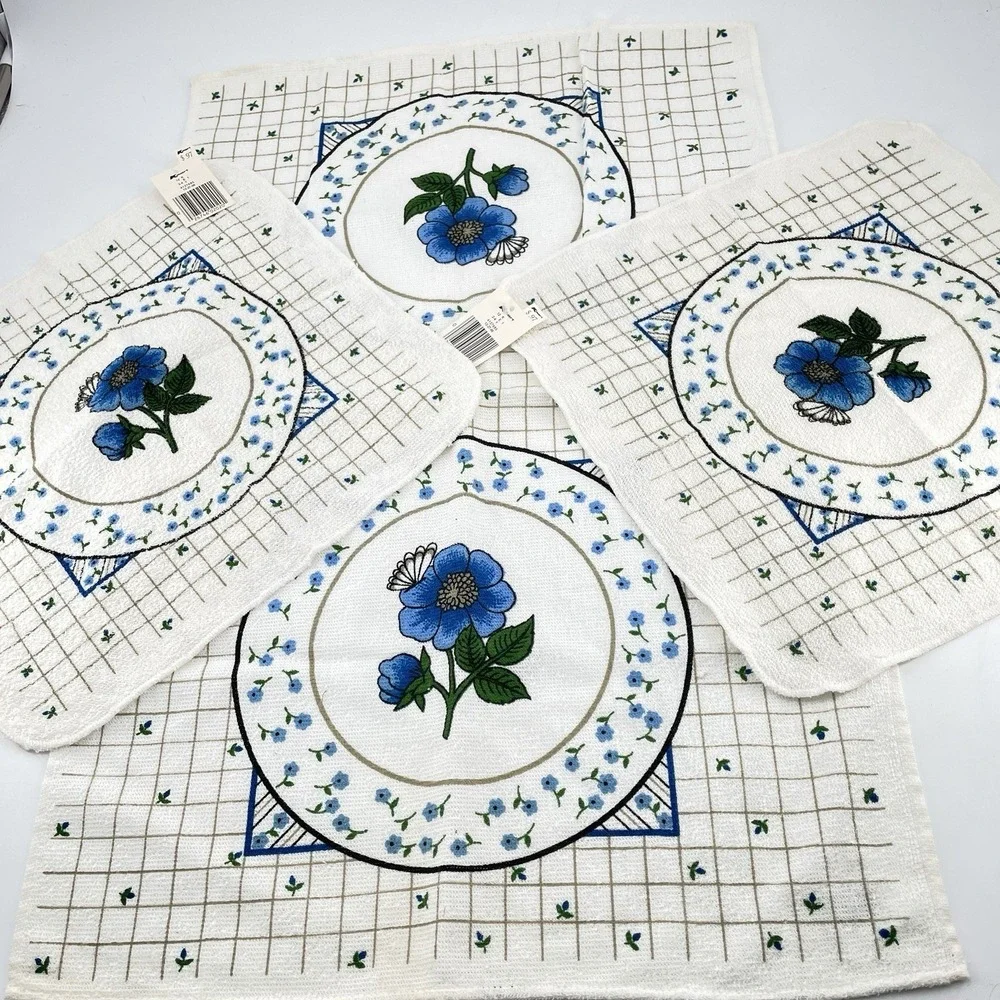Mid Century Cotton Kitchen Towels White Royal Blue Floral x3 Kmart Vintage Tags